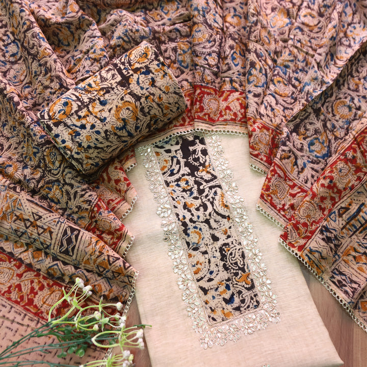 Aatifi Cream White with Black Kalamkari Print Patch with Zari Chanderi Suit Set