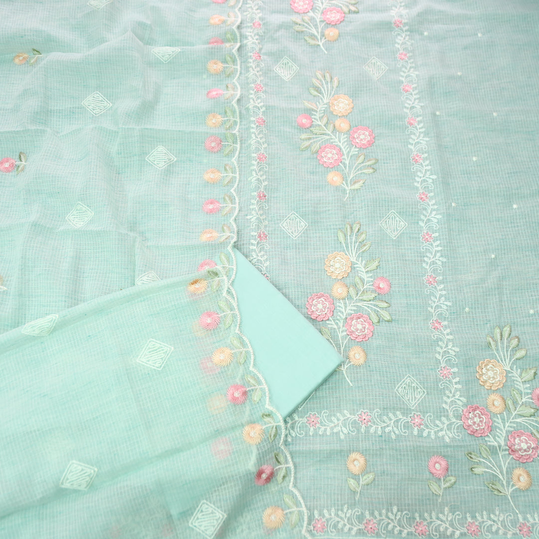 Yaleen Blue All Over Panel Thread Embroidered Kota Doriya Set