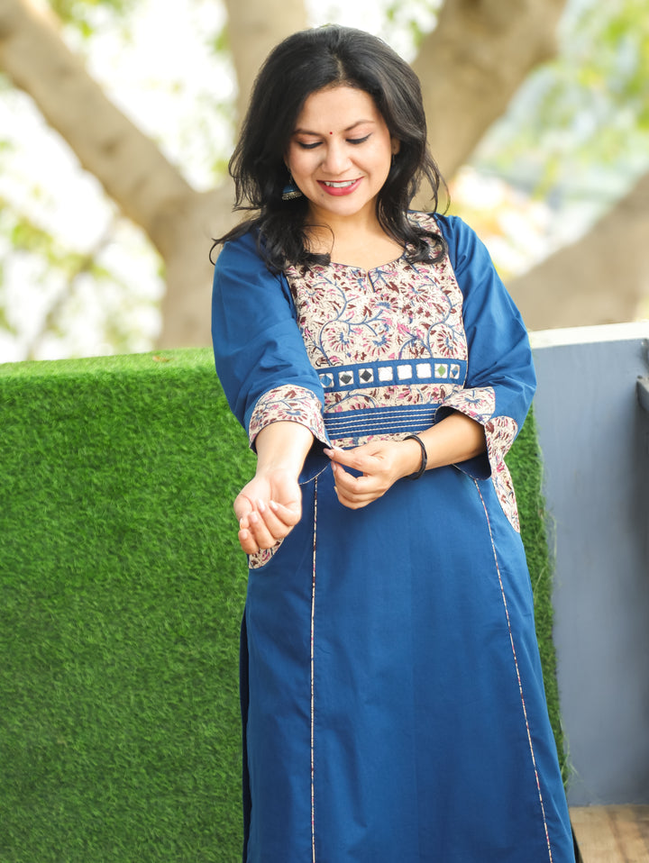 Kusum Royal Blue Running Thread with Mirror Work Kalamakari Yoke Panel Cotton Kurti