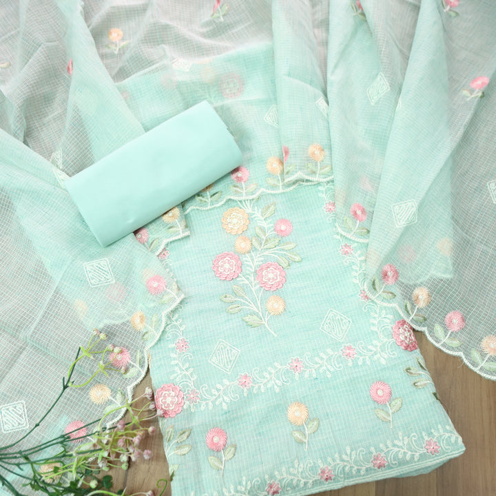 Yaleen Blue All Over Panel Thread Embroidered Kota Doriya Set