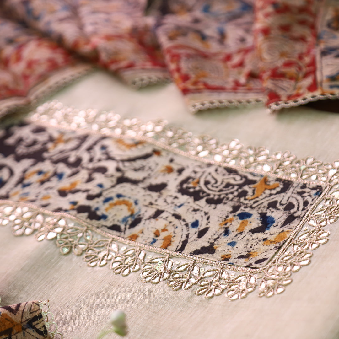 Aatifi Cream White with Black Kalamkari Print Patch with Zari Chanderi Suit Set