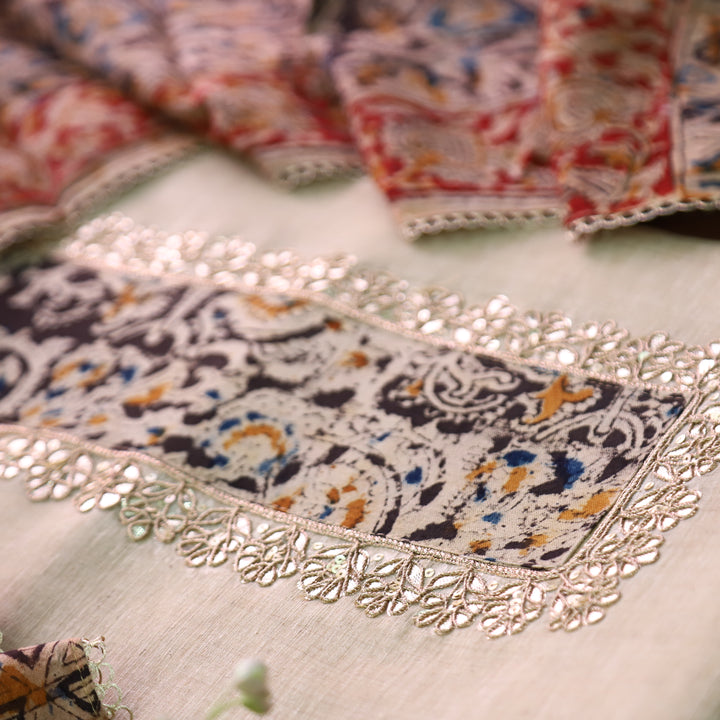 Aatifi Cream White with Black Kalamkari Print Patch with Zari Chanderi Suit Set