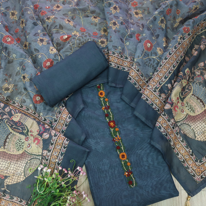 Raabta Prussian Blue Digital Printed Kantha Work Chanderi Suit Set