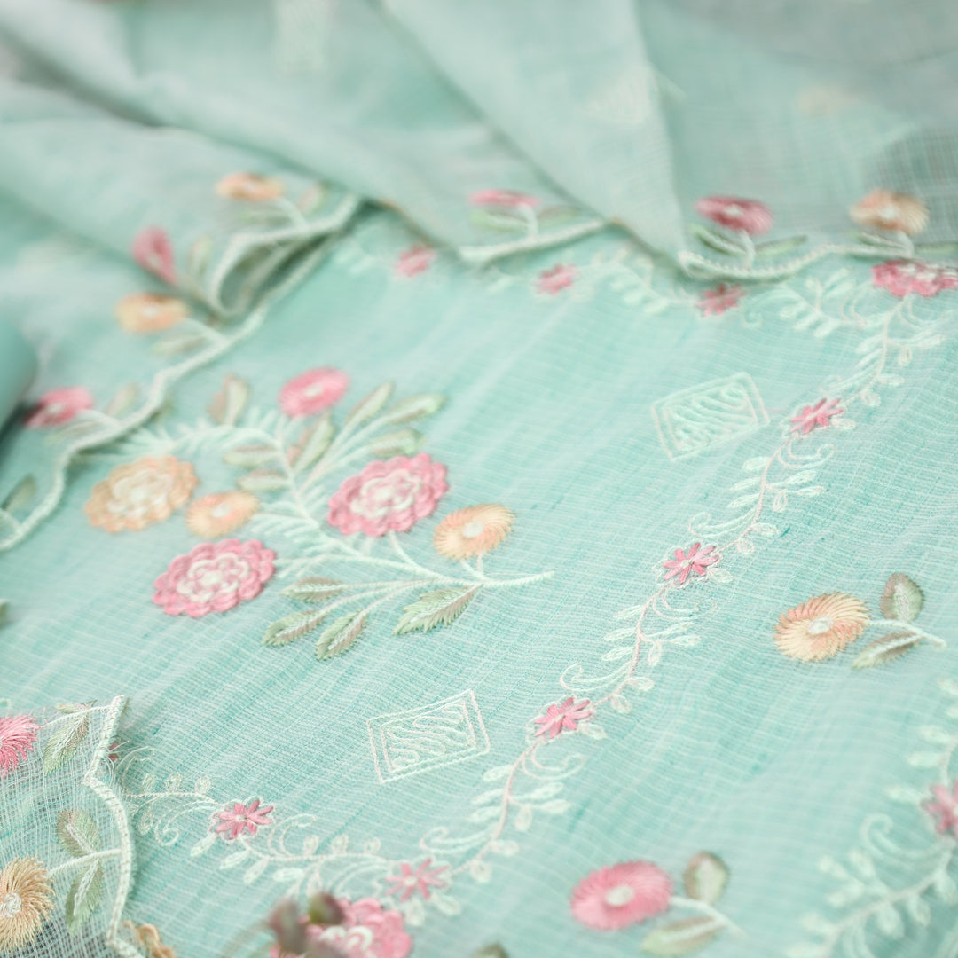 Yaleen Blue All Over Panel Thread Embroidered Kota Doriya Set