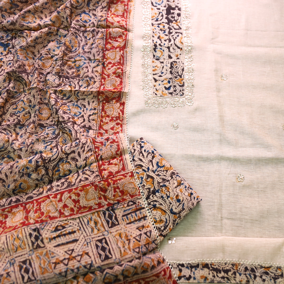 Aatifi Cream White with Black Kalamkari Print Patch with Zari Chanderi Suit Set