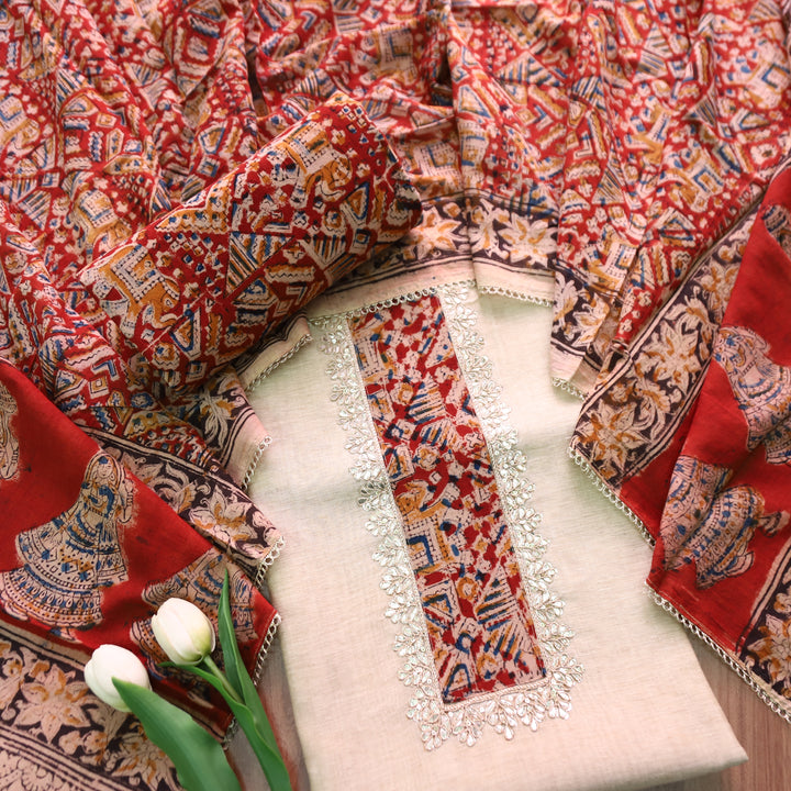Aatifi Cream White with Red Kalamkari Print Patch with Zari Chanderi Suit Set