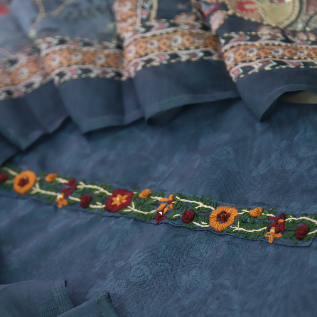 Raabta Prussian Blue Digital Printed Kantha Work Chanderi Suit Set
