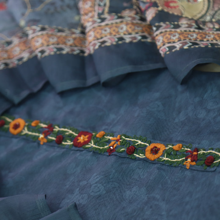 Raabta Prussian Blue Digital Printed Kantha Work Chanderi Suit Set