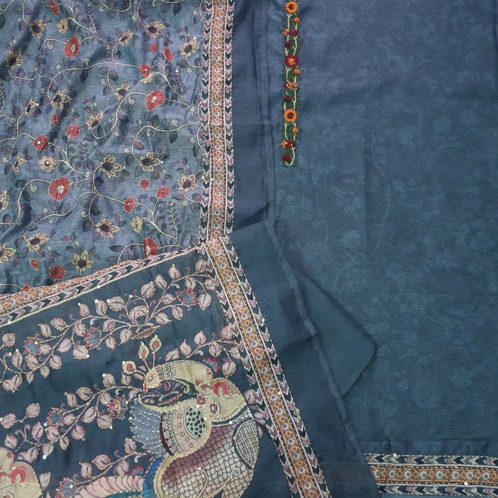 Raabta Prussian Blue Digital Printed Kantha Work Chanderi Suit Set