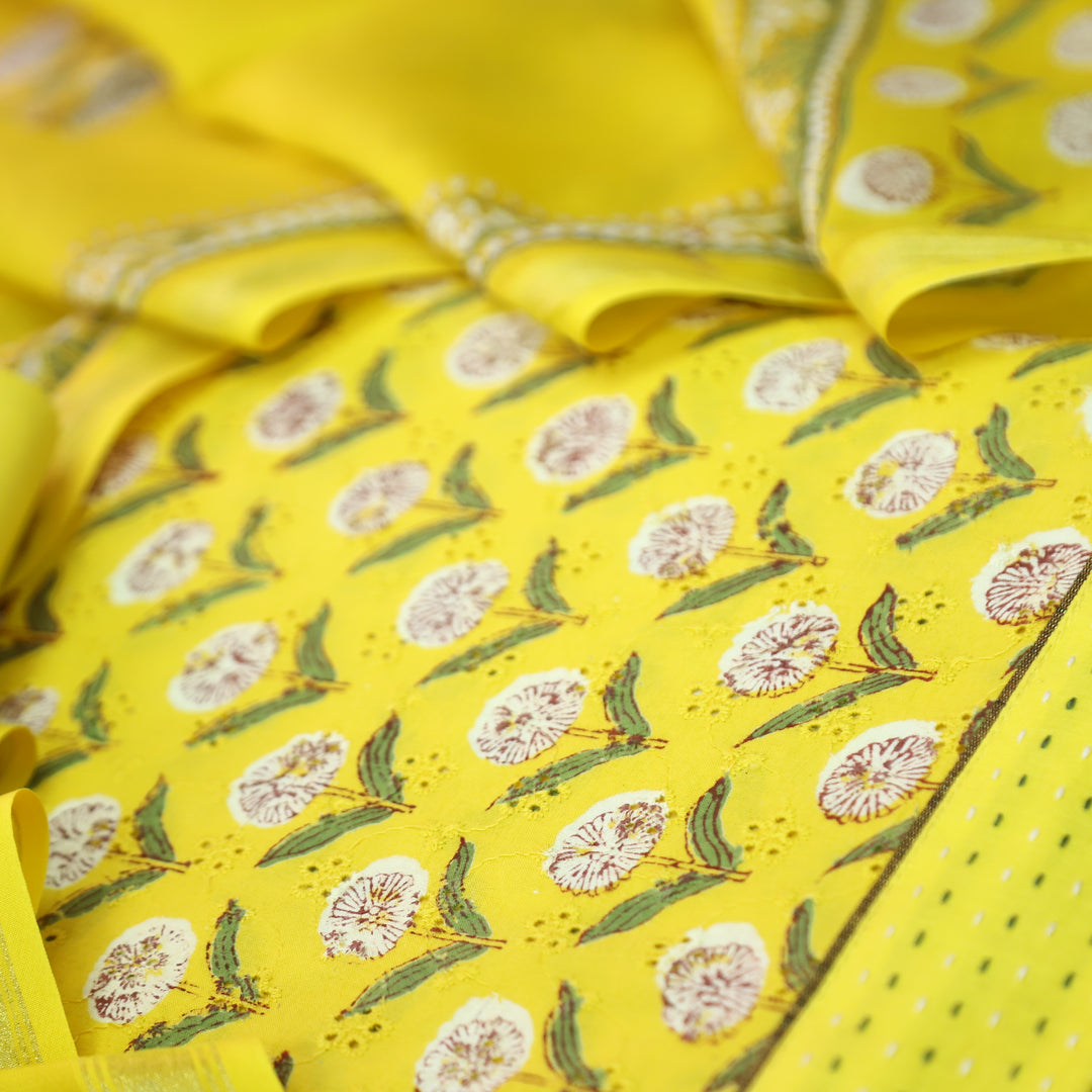 Rurvi Bumblebee Yellow Floral Block Printed Schiffli Cotton Set
