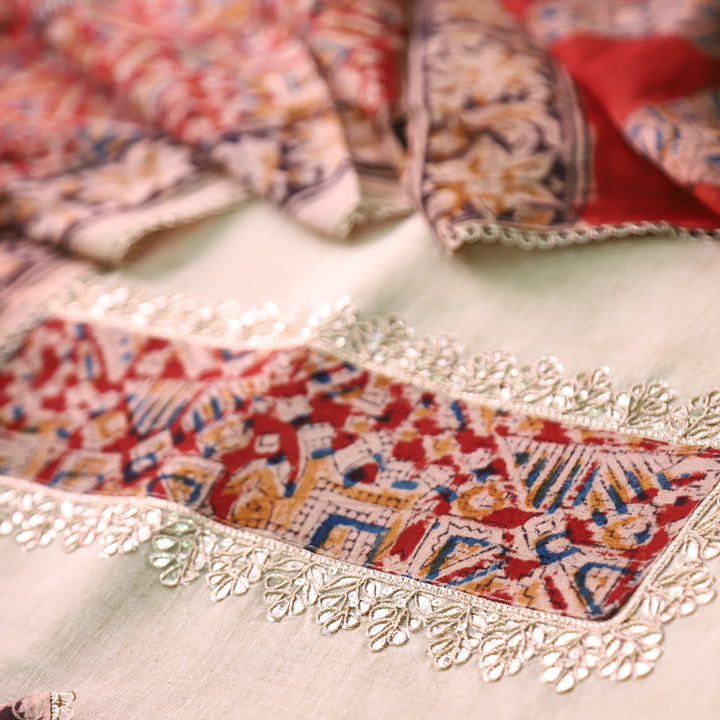 Aatifi Cream White with Red Kalamkari Print Patch with Zari Chanderi Suit Set