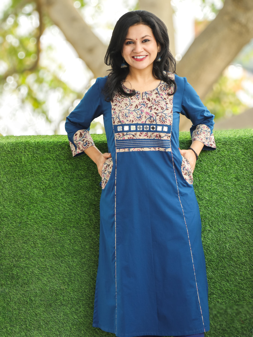 Kusum Royal Blue Running Thread with Mirror Work Kalamakari Yoke Panel Cotton Kurti