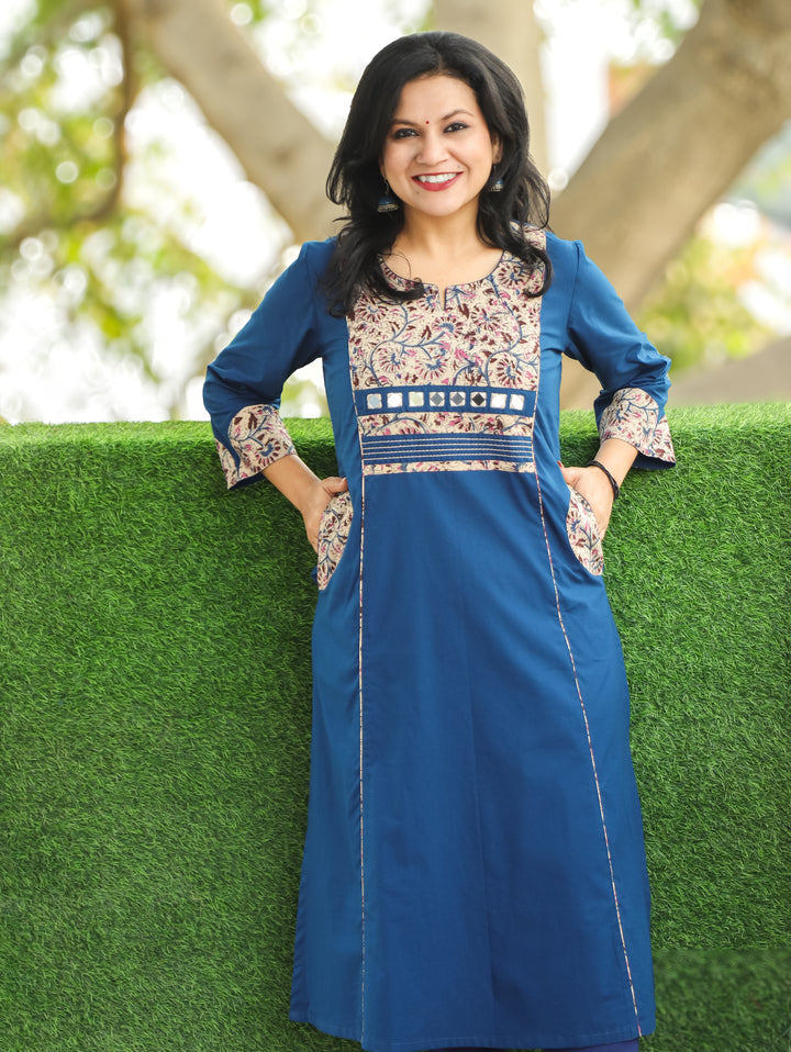 Kusum Royal Blue Running Thread with Mirror Work Kalamakari Yoke Panel Cotton Kurti