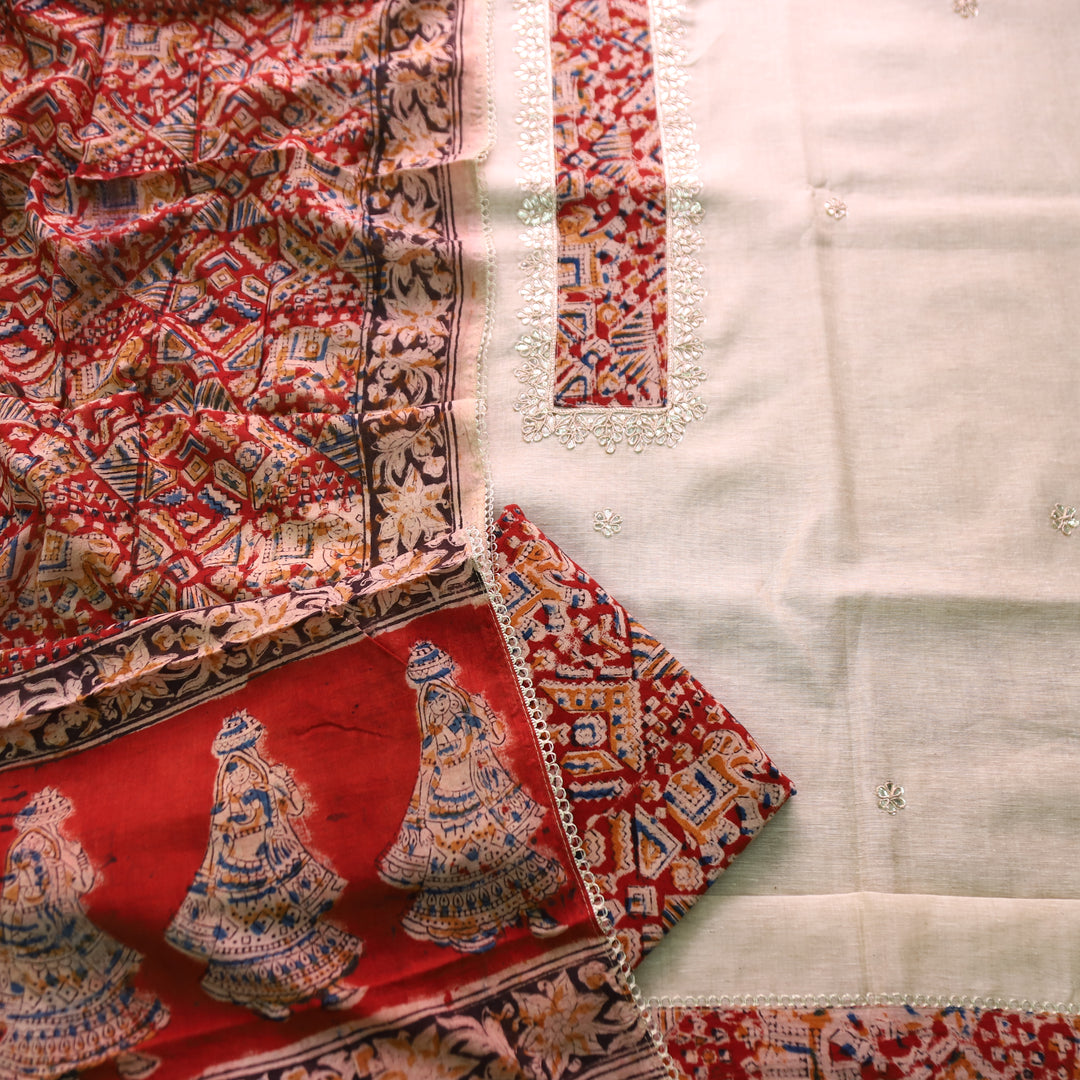 Aatifi Cream White with Red Kalamkari Print Patch with Zari Chanderi Suit Set