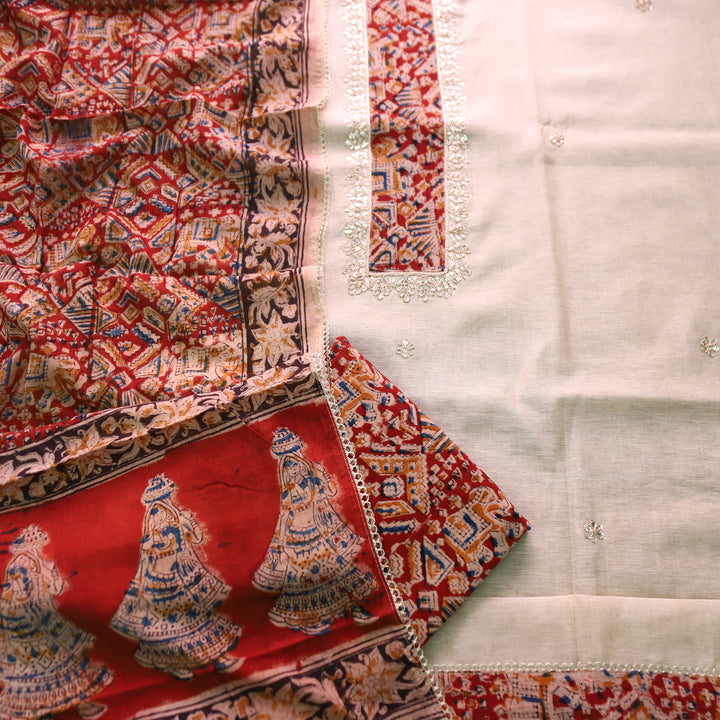 Aatifi Cream White with Red Kalamkari Print Patch with Zari Chanderi Suit Set