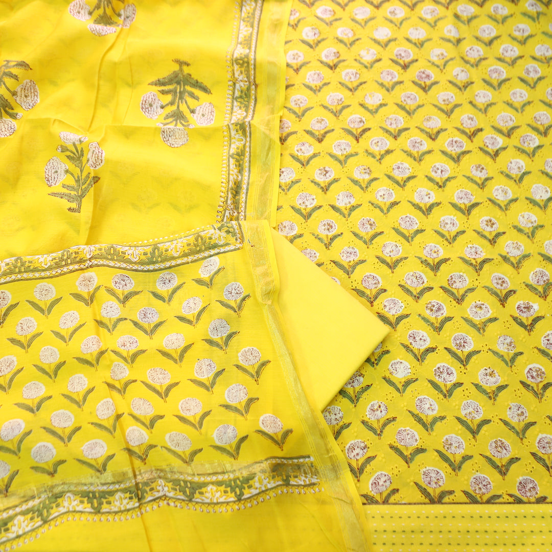 Rurvi Bumblebee Yellow Floral Block Printed Schiffli Cotton Set