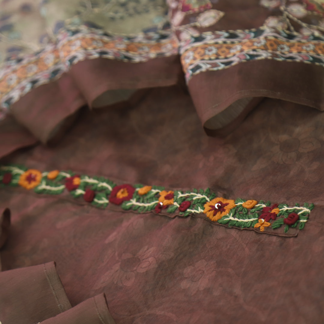 Raabta Choco Brown Digital Printed Kantha Work Chanderi Suit Set