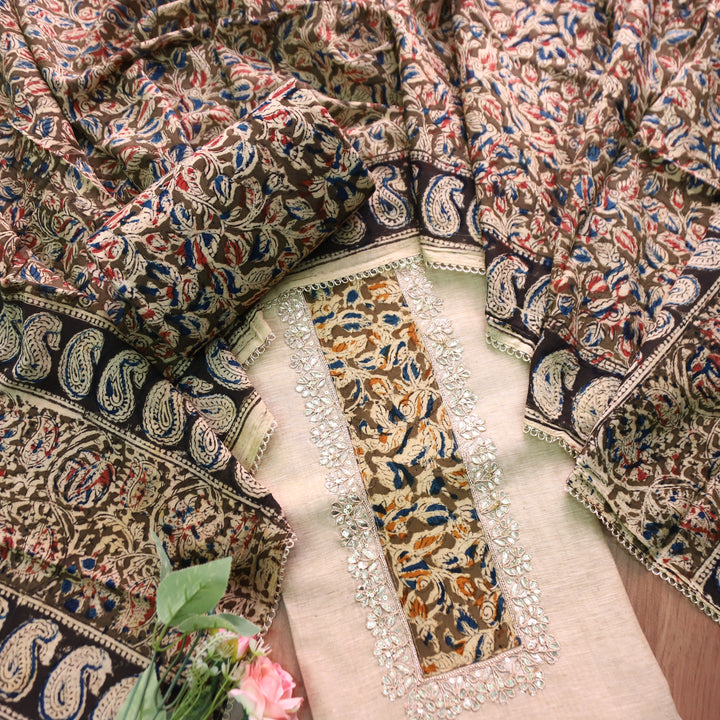 Aatifi Cream White with Olive Kalamkari Print Patch with Zari Chanderi Suit Set