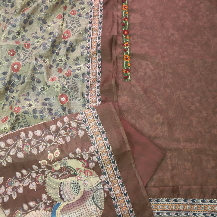 Raabta Choco Brown Digital Printed Kantha Work Chanderi Suit Set
