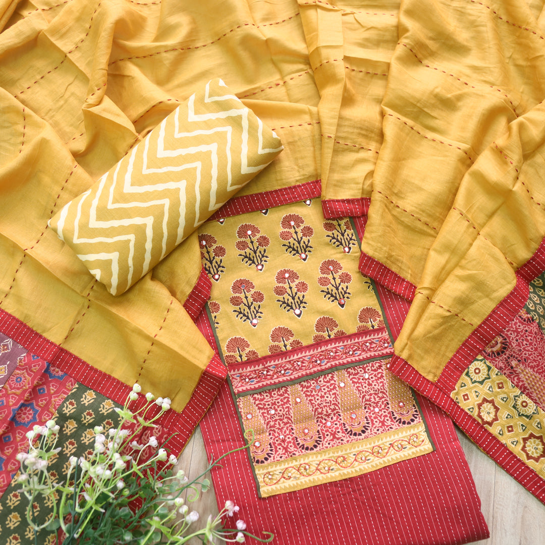 Maahi Apple Red Patch Neck Work with Kantha Cotton Suit Set