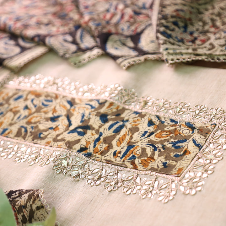 Aatifi Cream White with Olive Kalamkari Print Patch with Zari Chanderi Suit Set