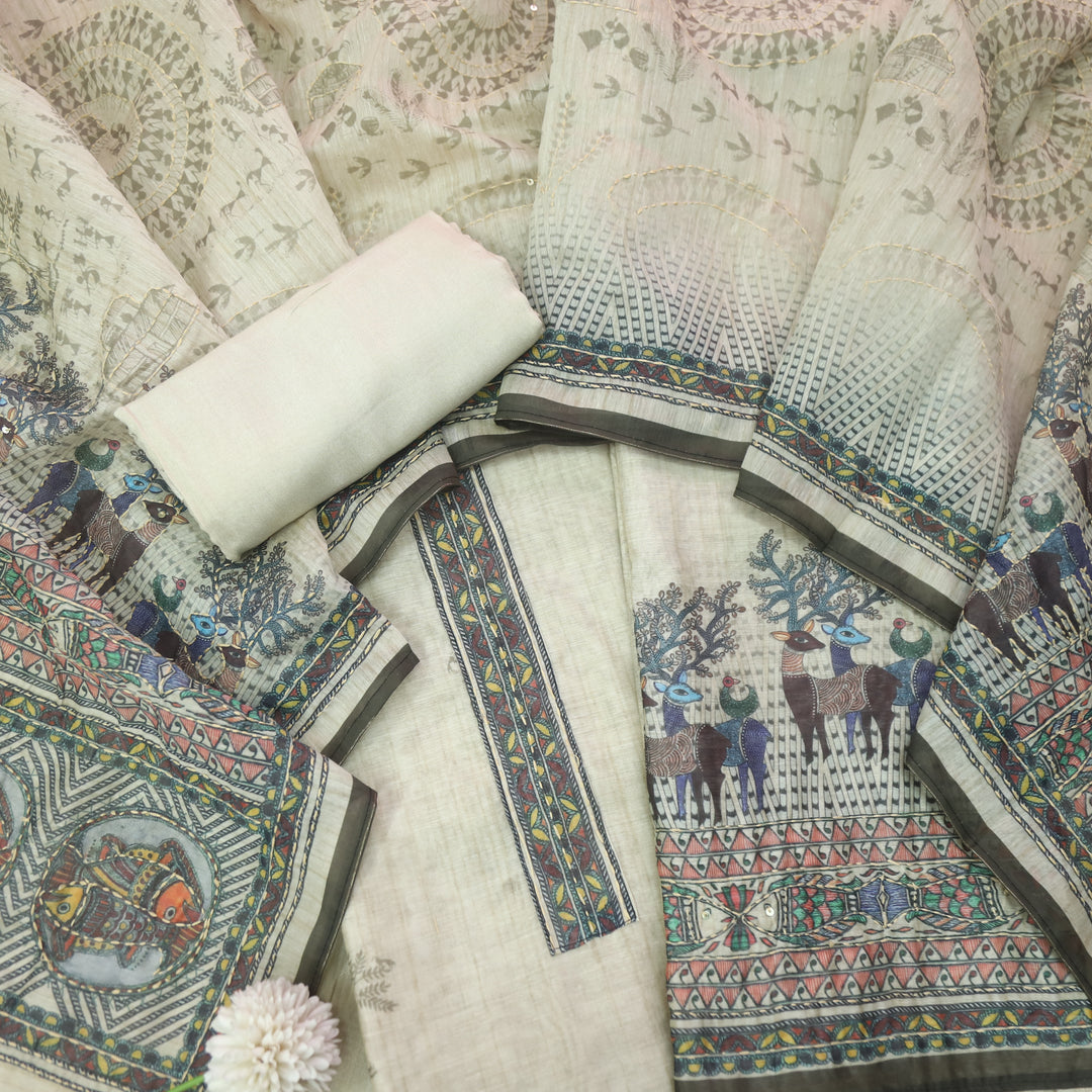 Ibadat ivory White Digital Printed Kantha Work Chanderi Suit Set