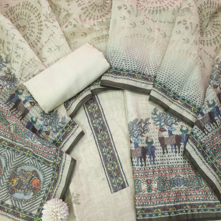 Ibadat ivory White Digital Printed Kantha Work Chanderi Suit Set