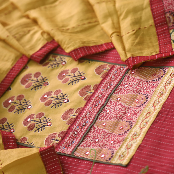 Maahi Apple Red Patch Neck Work with Kantha Cotton Suit Set