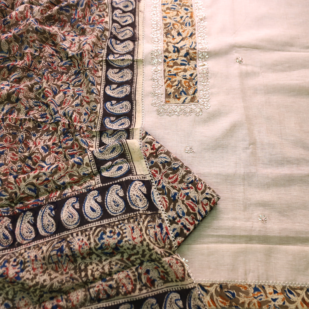 Aatifi Cream White with Olive Kalamkari Print Patch with Zari Chanderi Suit Set