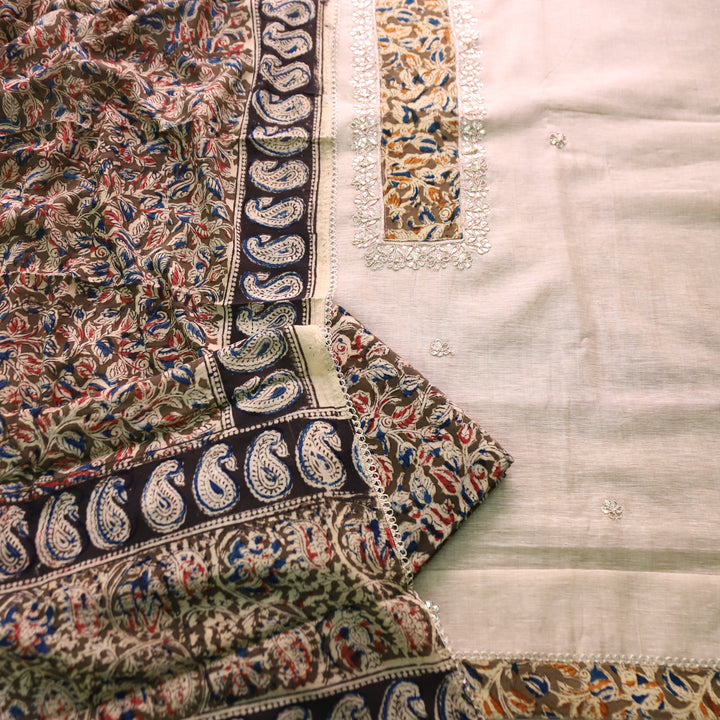 Aatifi Cream White with Olive Kalamkari Print Patch with Zari Chanderi Suit Set