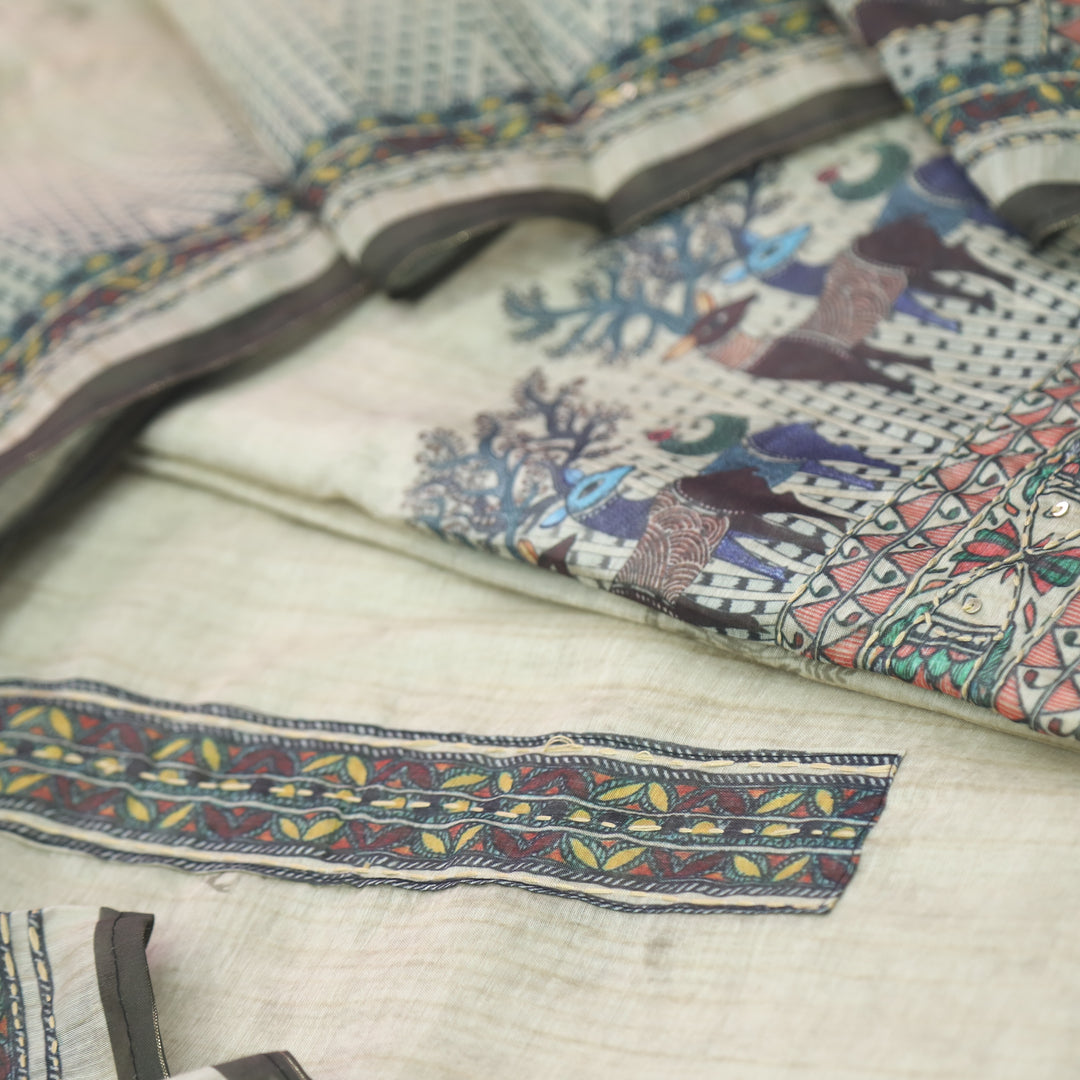 Ibadat ivory White Digital Printed Kantha Work Chanderi Suit Set