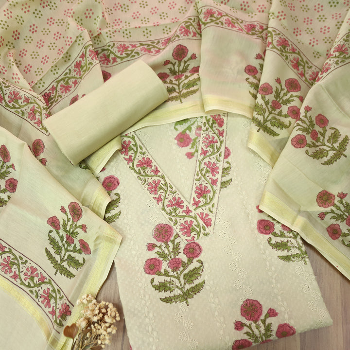 Rurvi Sand Beige V Neck Floral Block Printed Schiffli and Dobby Cotton Set