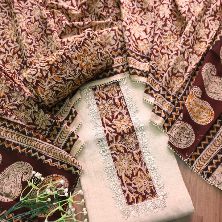 Aatifi Cream White with Brown Kalamkari Print Patch with Zari Chanderi Suit Set