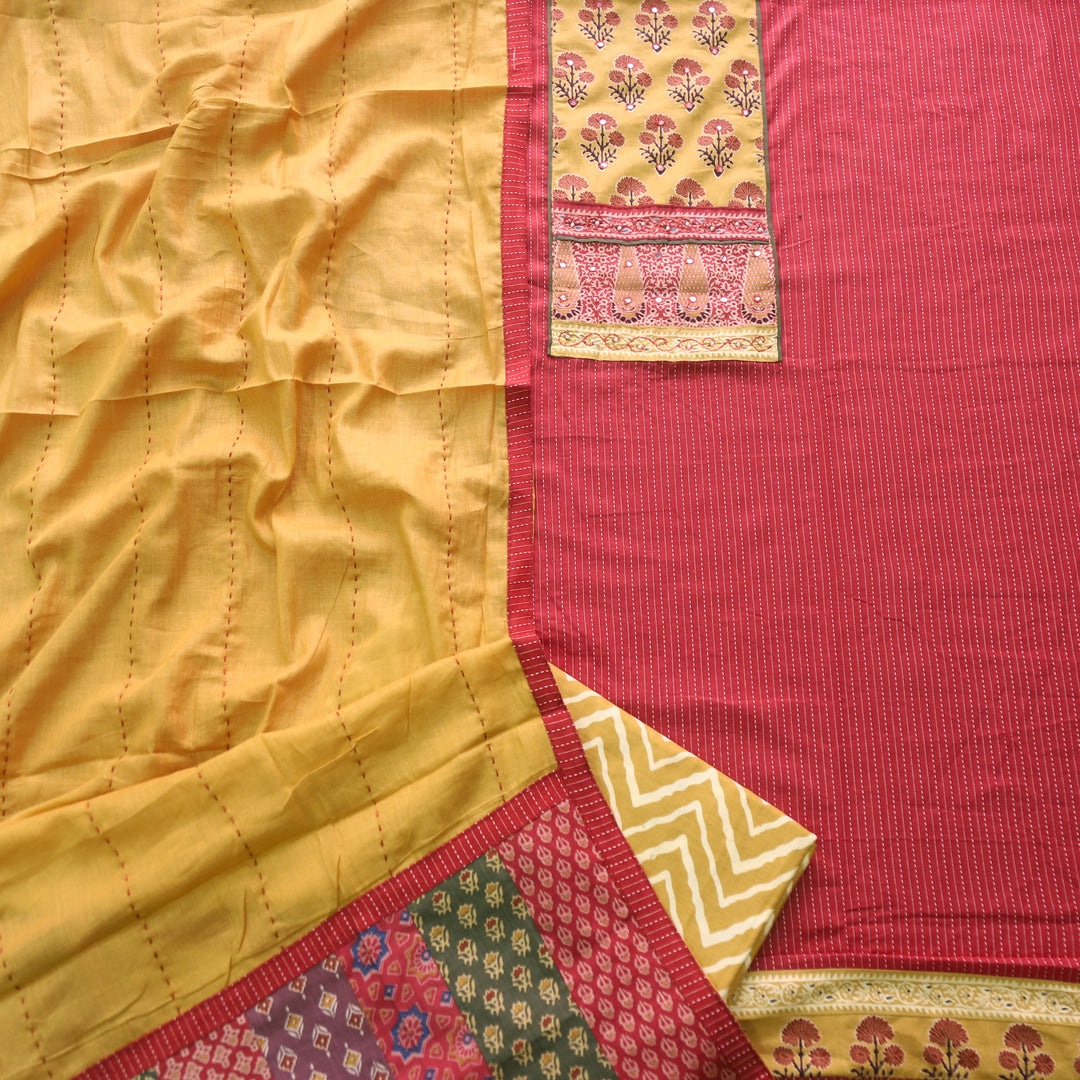 Maahi Apple Red Patch Neck Work with Kantha Cotton Suit Set