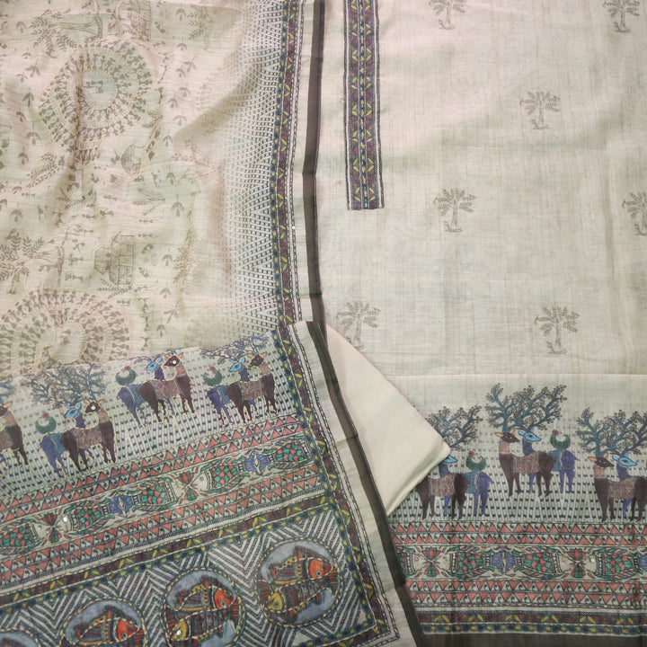 Ibadat ivory White Digital Printed Kantha Work Chanderi Suit Set