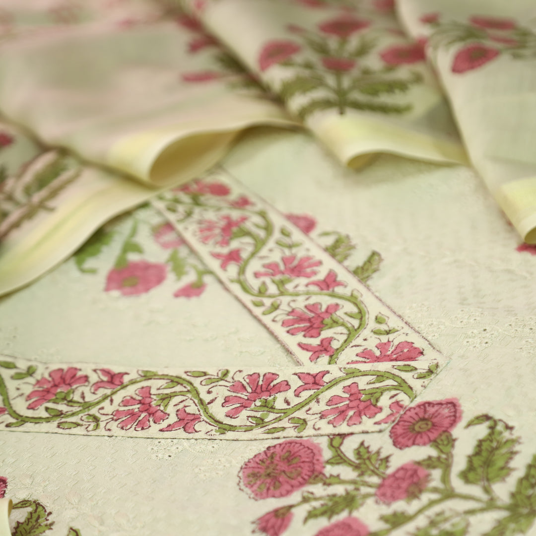 Rurvi Sand Beige V Neck Floral Block Printed Schiffli and Dobby Cotton Set