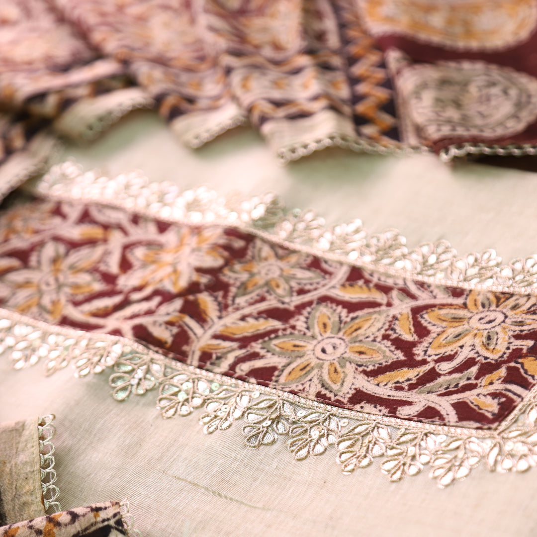 Aatifi Cream White with Brown Kalamkari Print Patch with Zari Chanderi Suit Set
