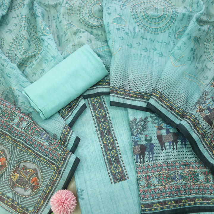 Ibadat Aqua Teal Digital Printed Kantha Work Chanderi Suit Set