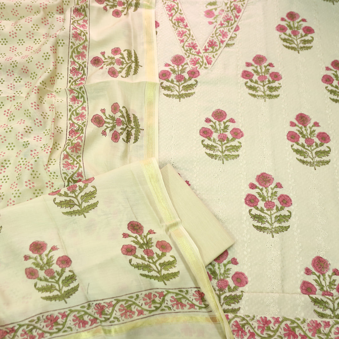 Rurvi Sand Beige V Neck Floral Block Printed Schiffli and Dobby Cotton Set