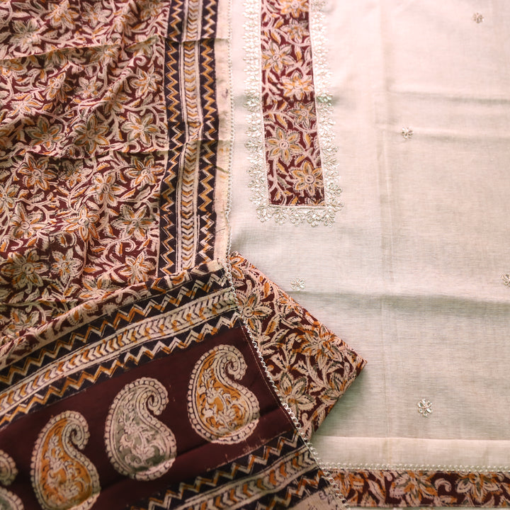 Aatifi Cream White with Brown Kalamkari Print Patch with Zari Chanderi Suit Set