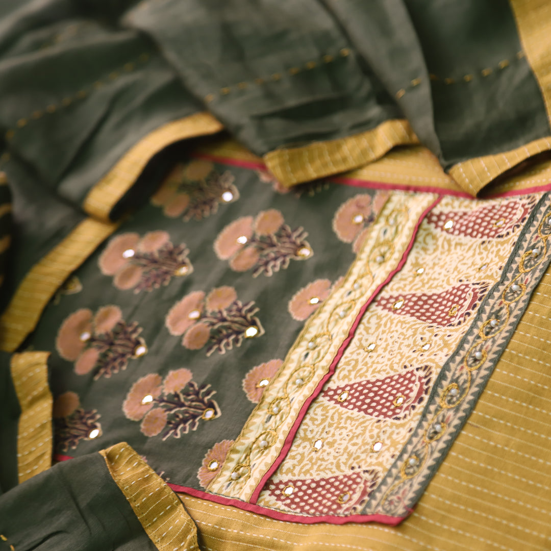Maahi Canary Yellow Patch Neck Work with Kantha Cotton Suit Set