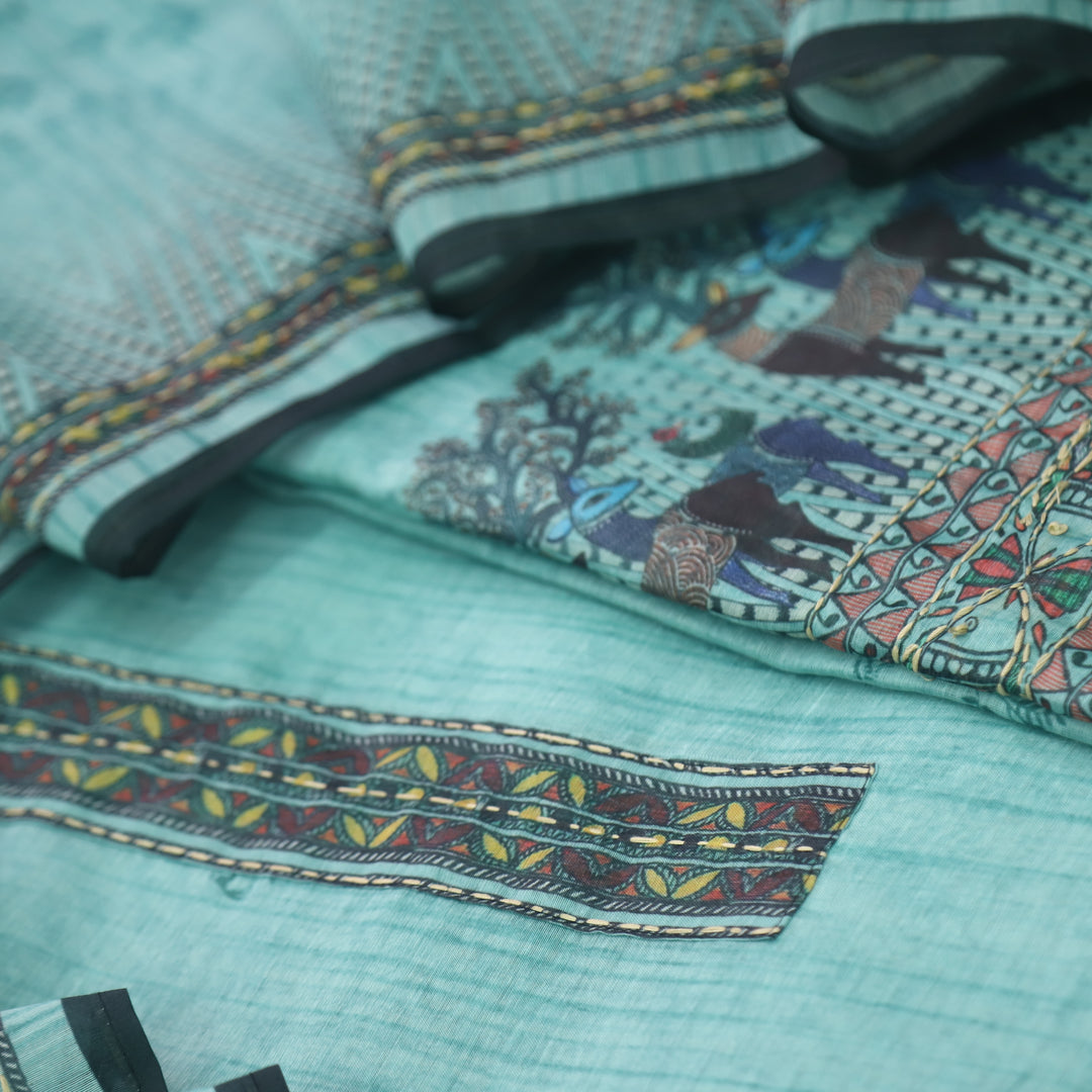 Ibadat Aqua Teal Digital Printed Kantha Work Chanderi Suit Set