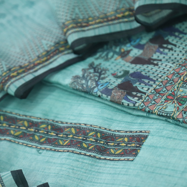 Ibadat Aqua Teal Digital Printed Kantha Work Chanderi Suit Set