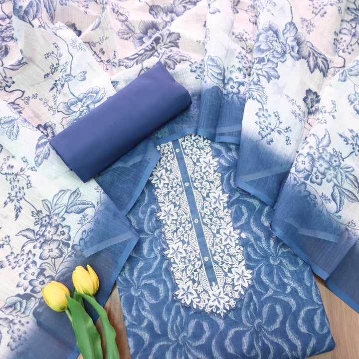Bloom Navy Blue Thread Embroidered Self Printed Cotton Linen Set D3