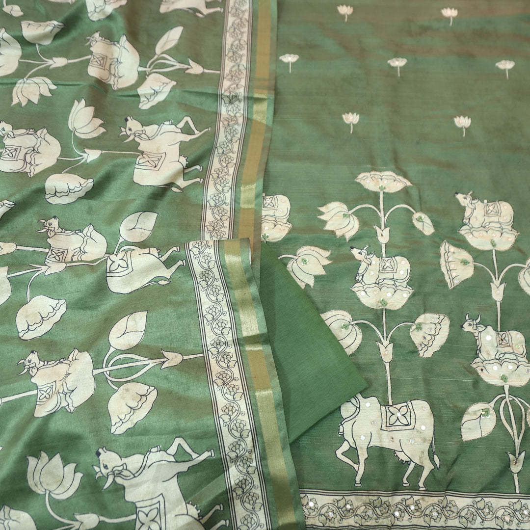 Saatvi Sage Green Pichwai Print with Zari Patra Work Tussar Chanderi Silk Set