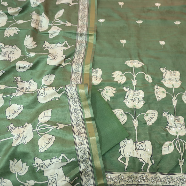 Saatvi Sage Green Pichwai Print with Zari Patra Work Tussar Chanderi Silk Set