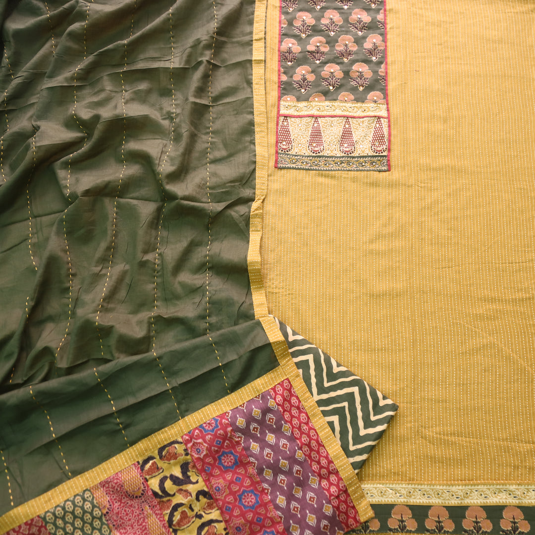 Maahi Canary Yellow Patch Neck Work with Kantha Cotton Suit Set