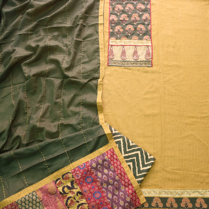 Maahi Canary Yellow Patch Neck Work with Kantha Cotton Suit Set