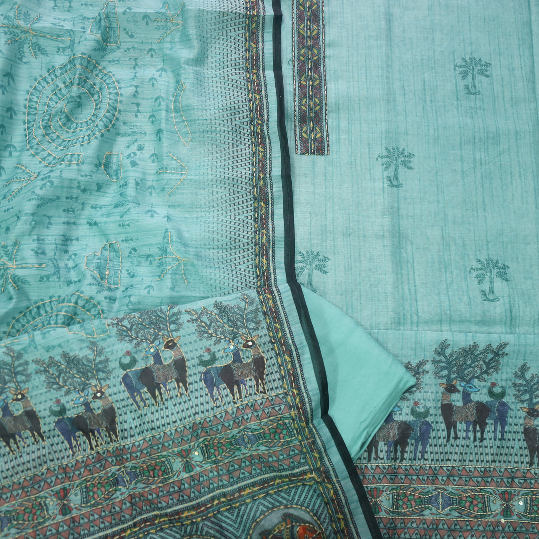 Ibadat Aqua Teal Digital Printed Kantha Work Chanderi Suit Set