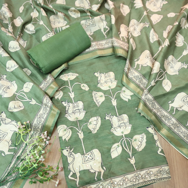 Saatvi Sage Green Pichwai Print with Zari Patra Work Tussar Chanderi Silk Set